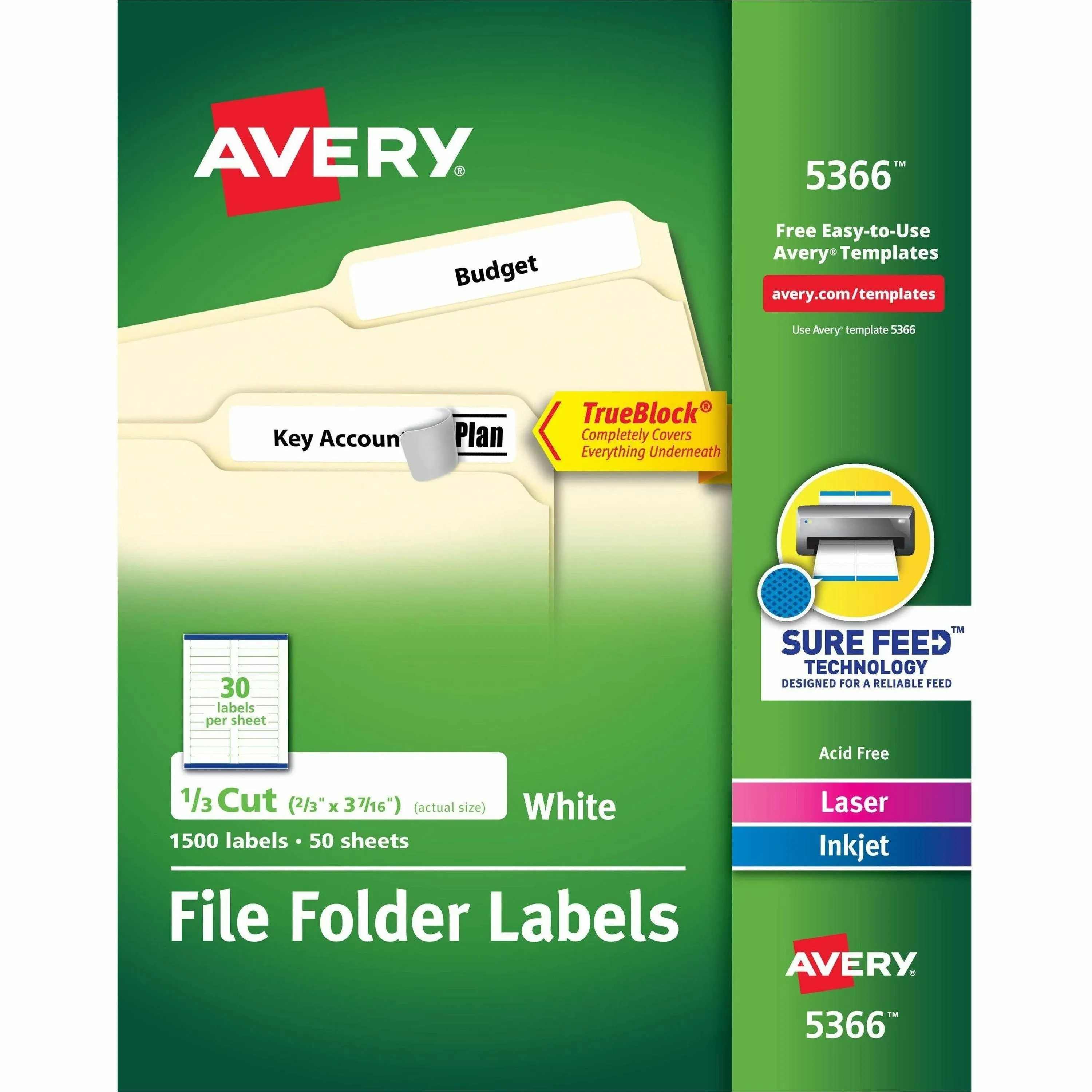 Avery Permanent File Folder Labels TrueBlock Laser/Inkjet White 1500/Box