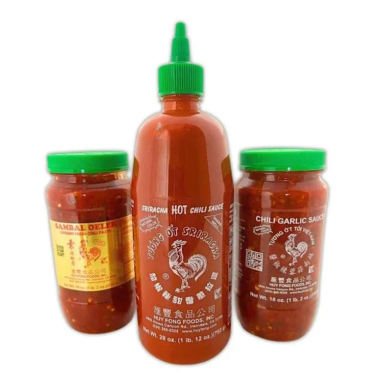 Sriracha Chili Sauce Bundle - 28oz Sriracha, 18oz Garlic Chili, 18oz Sambal Oelek Chili Paste, 3-Pack