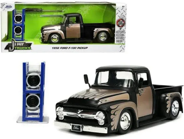 Jada 1956 Ford F-100 Pickup Truck Matt Black and Champagne with Flames