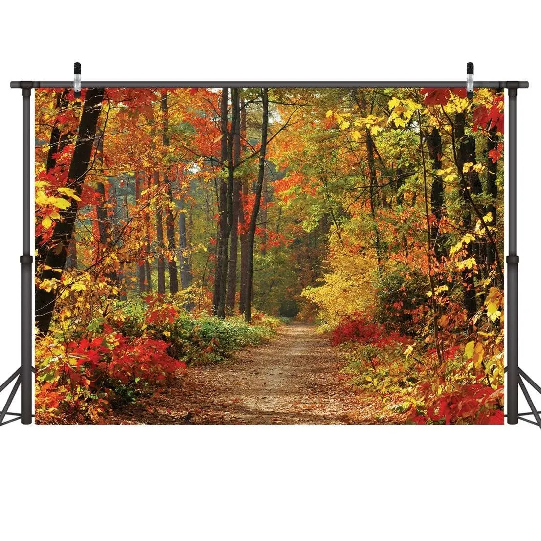 LYWYGG Autumn Scenery Deciduous Background 7x5ft Vinyl Deciduous Mountain Road Photography Backdrop Tree and Yellow Fall Leaves View Background