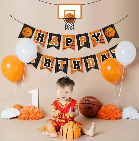 Basketball Happy Birthday Banner Slam Dunk Party Decoration Supplies Kids Teenagers Boys B-day Photo Prop Pennant Ideas NO DIY Required