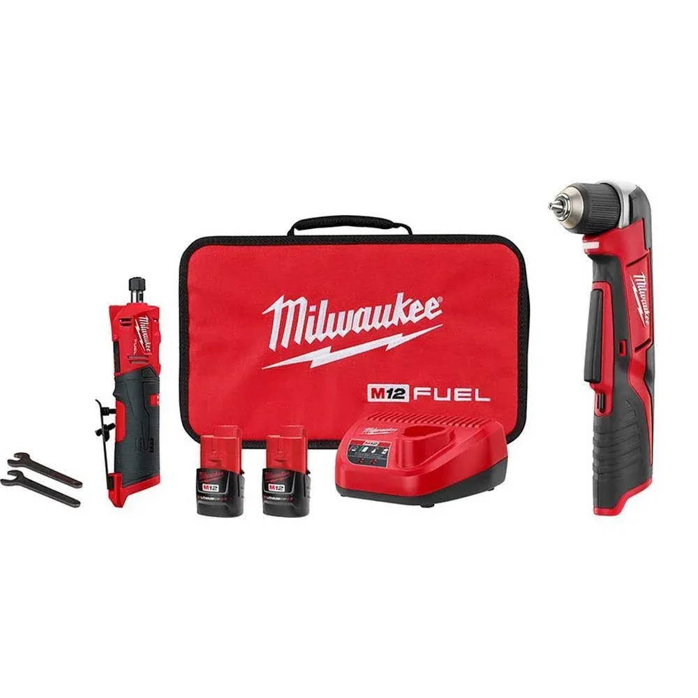 Milwaukee 2486-22-2415-20 M12 Fuel 12V Lithium-Ion 1/4 in. Cordless Straight Die Grinder Kit w/M12 3/8 in. Right Angle Drill