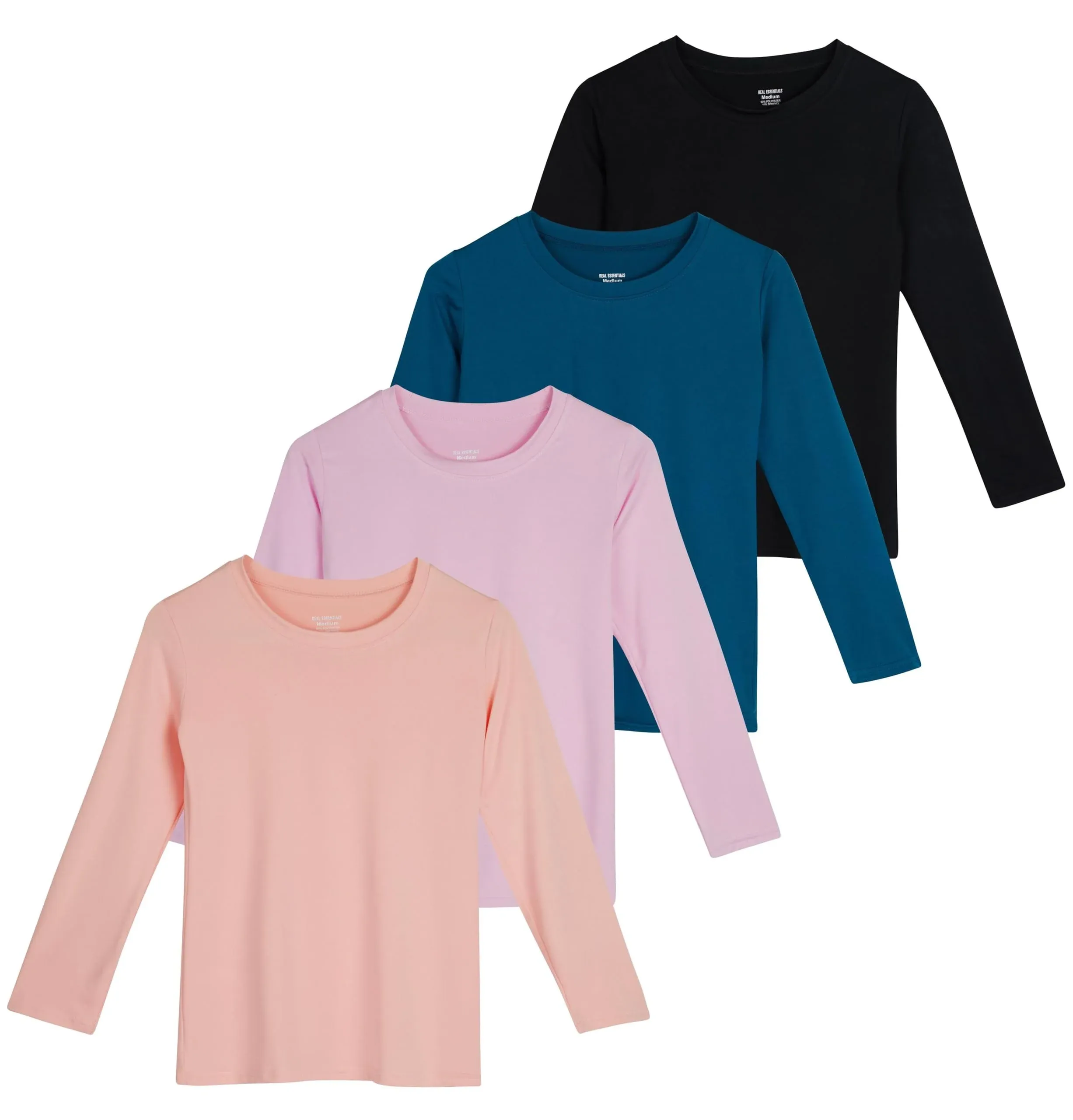 Real Essentials 4 Pack: Girls Dry-Fit Long Sleeve Active Crew Neck T-Shirt - Super Soft Tee