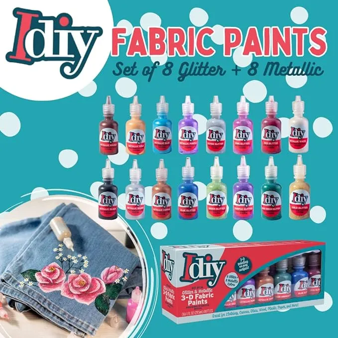 DIY Fabric Paints (8 GLITTER Colors)- 1oz bottles- Ultra Bright 3D Fabric T Shirt Clothing Soft Paint, Non-Toxic Water-Based, Washable, Permanent, Classroom, Kids Birthday Party Art Craft, Summer Camp