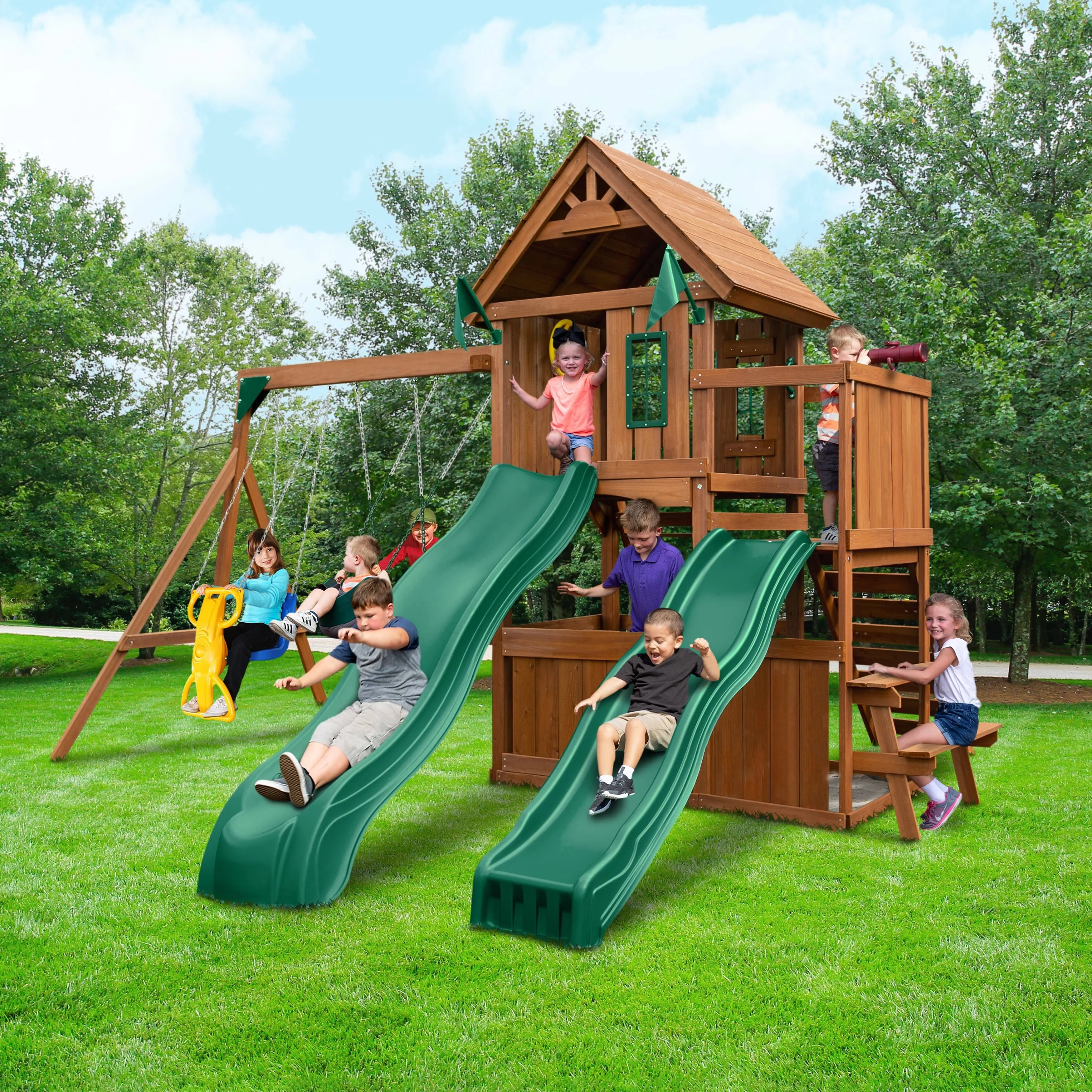 Swing-n-slide WS 8353 Knightsbridge Deluxe Wooden Swing Set with Two Slides Climbing Wall Swings Glider & Picnic Table Wood