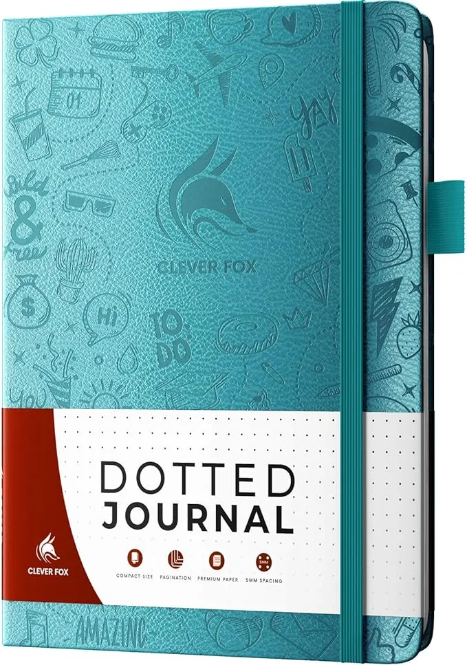 Clever Fox Dotted Journal 2.0 Compact Planning and Sketching Dot Grid Notebook 120 GSM Thick, No-Bleed Paper Planner with Pen Loop, Pocket, Ribbons