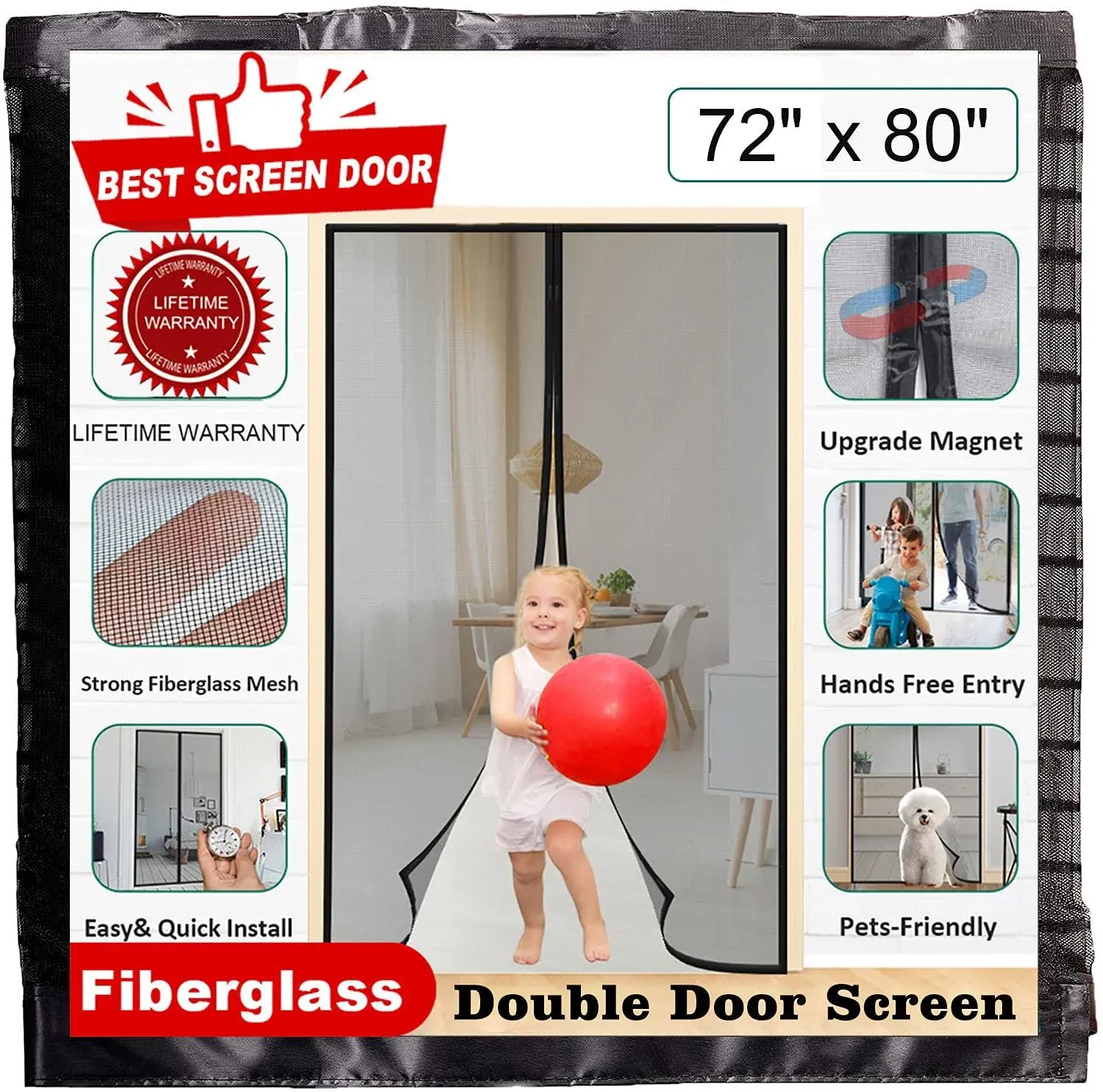 Upgrade Magnetic Screen Door Closure Fit Door Size 72” x 80”, Reinforced Fi...