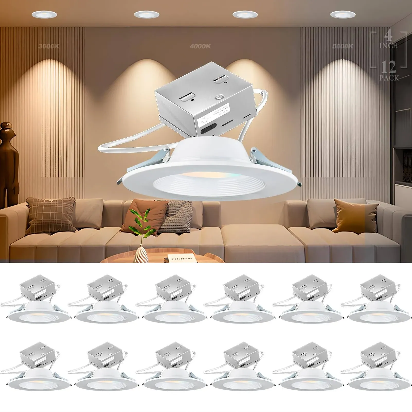 12 Pack Led Recessed Lighting 4 Inch Cri90 3000k/4000k/50<wbr/>00k Adjustable Led Can 