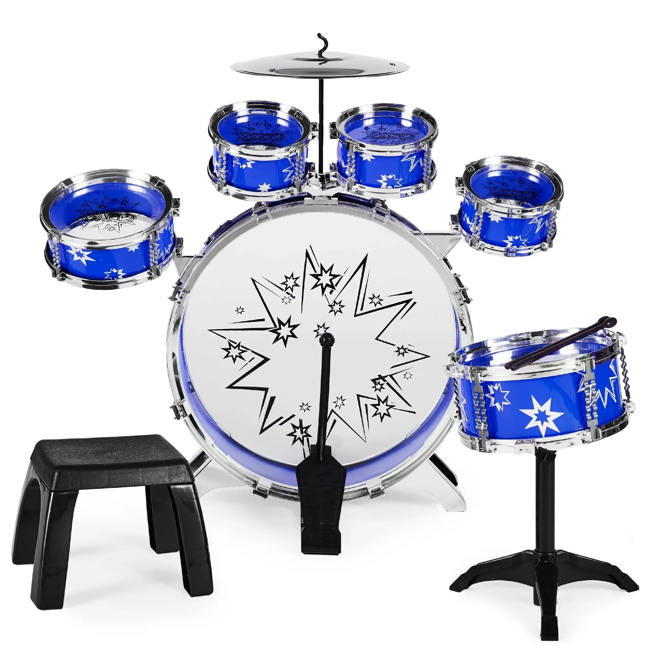 Best Choice Products 11-Piece Kids Beginner Drum Kit, Musical Instrument Toy Drum Set for Music Practice w/Bass, Toms, Snare, Cymbal, Stool, Stand Drumsticks - Blue