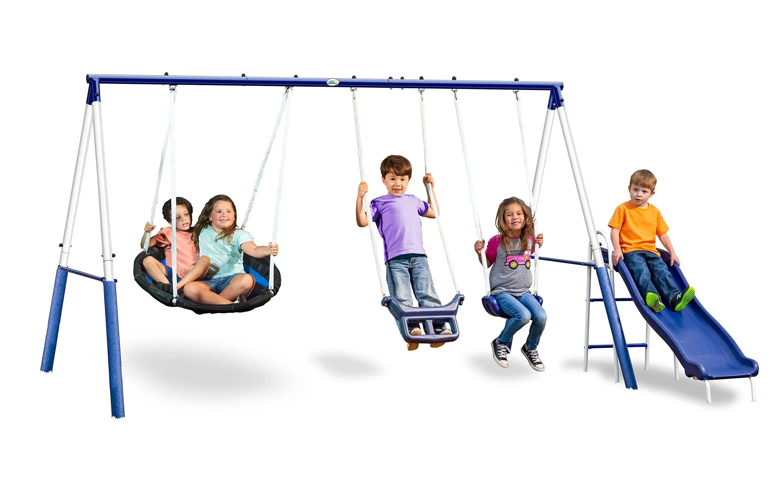 Swingin&#039; More Fun - Outdoor Backyard Playground Kids Swing Set. White/Blue