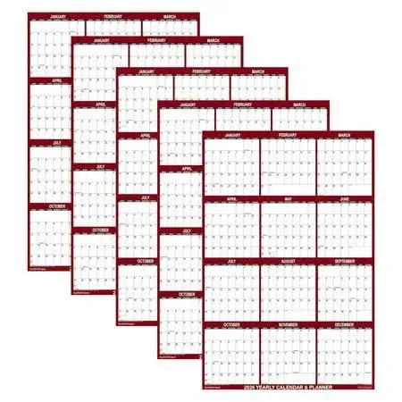 5-PACK, SwiftGlimpse 2025 Wall Calendar, 36" x 24", Multi-Pack, Large, Erasable, Dry Erase, Reversible, Vertical/Horizontal, Maroon