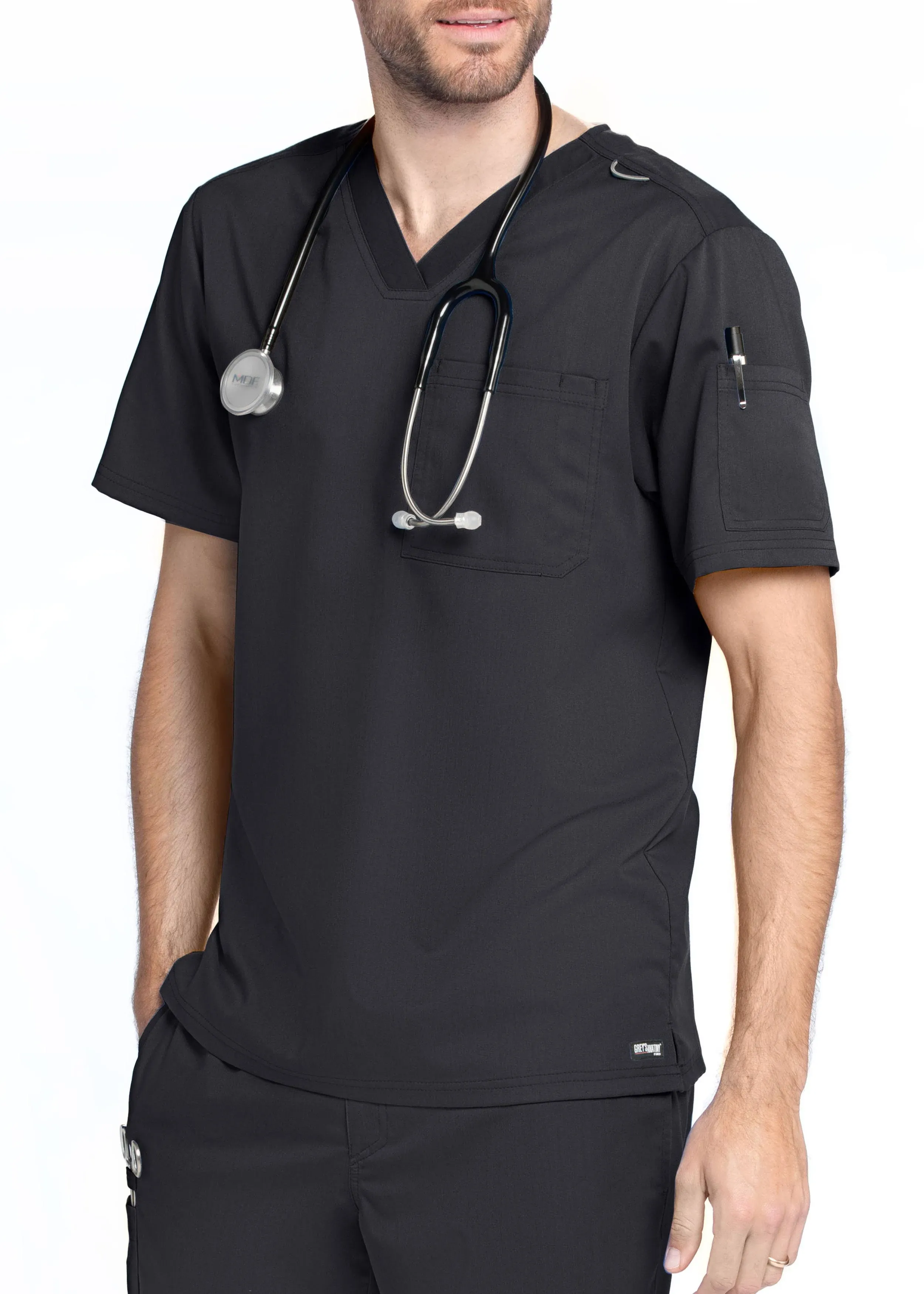 Grey's Anatomy Classic Men's Evan 2-Pocket V-Neck Scrub Top Large Black