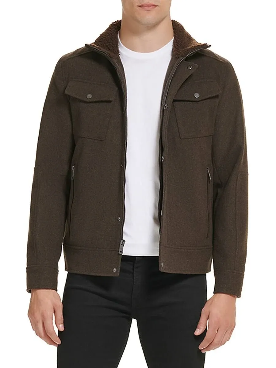 Kenneth Cole Men's Textured Wool Sherpa Inner Collar Jacket - Medium Brown - Size S