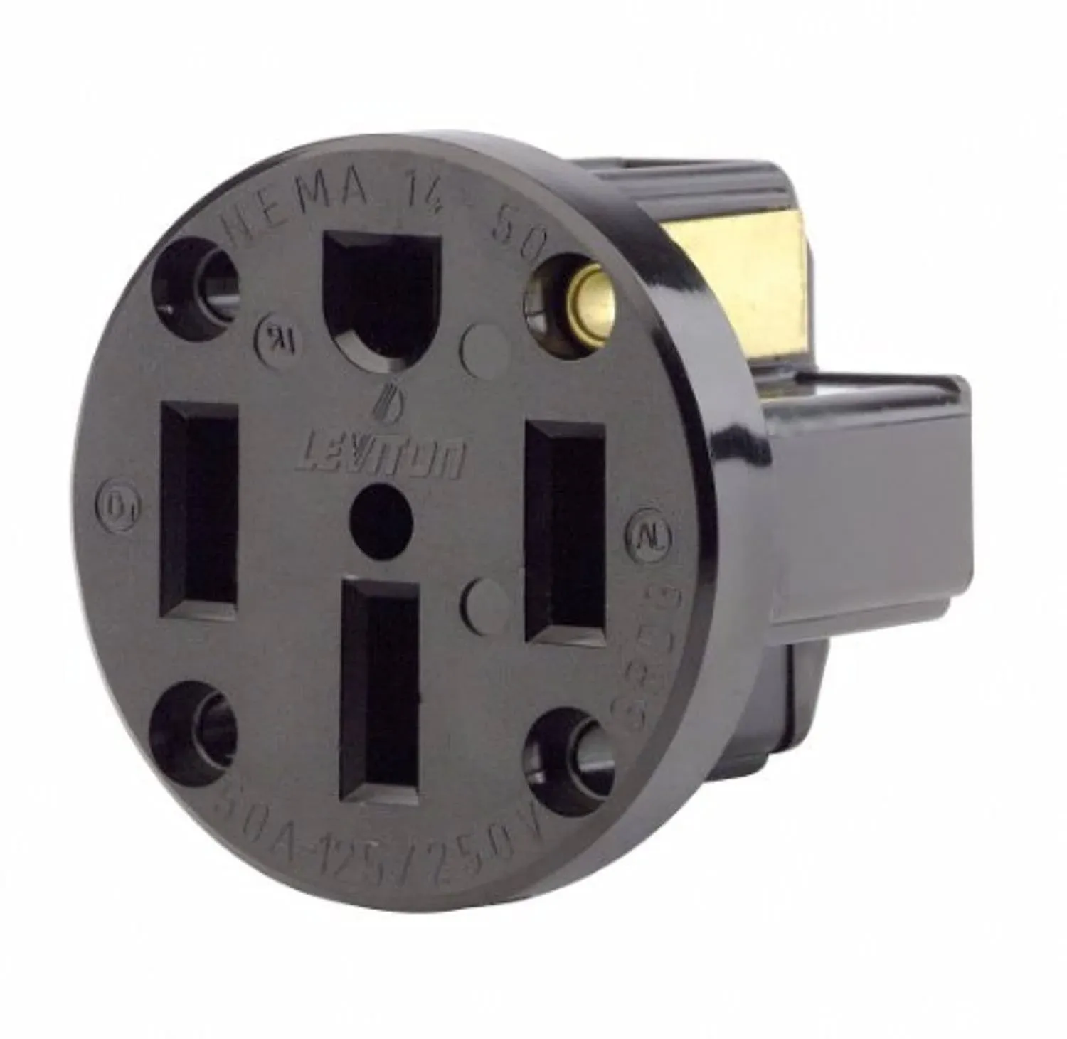 Leviton 279-PM 50A, 125/250V, NEMA 14-50R, 3P, 4W, Panel Mounting Receptacle, Straight Blade, Industrial Grade, Grounding, Side Wired, Strap, Black