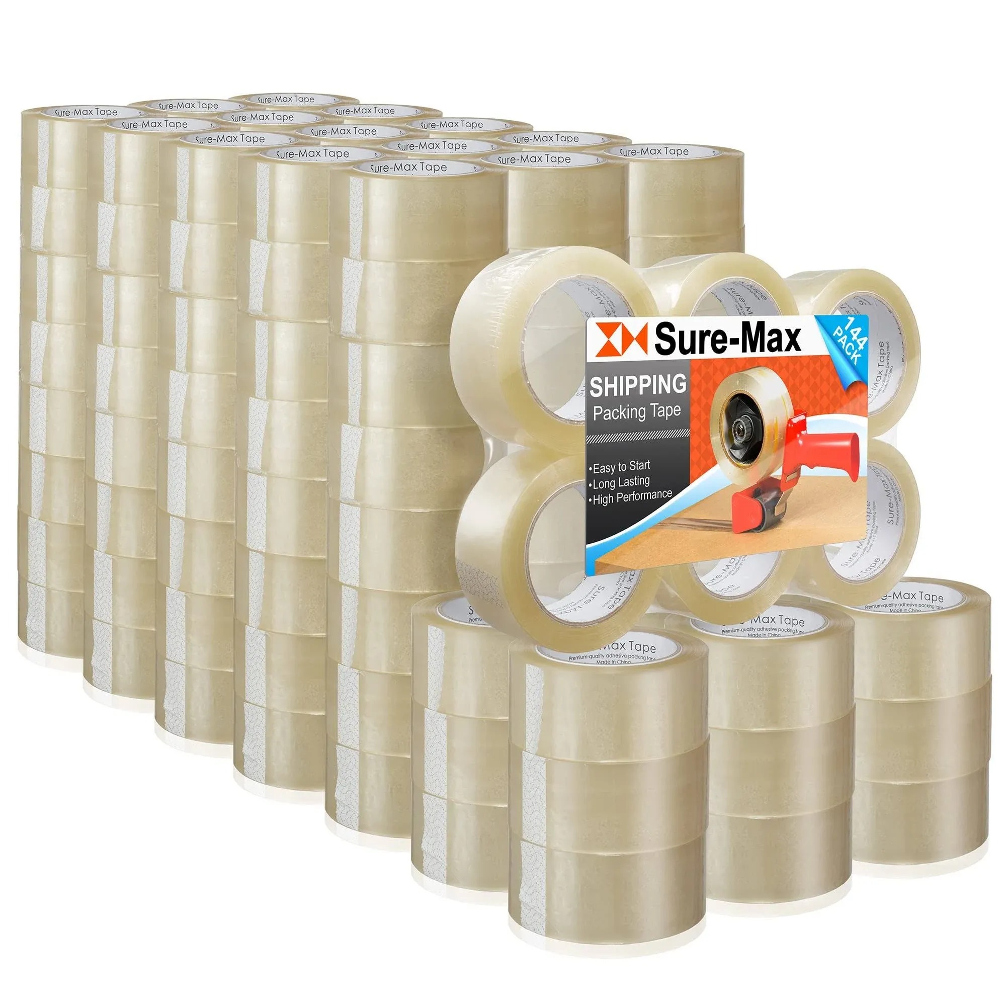 Sure-Max Premium Carton Packing Tape 1.8 Mil 330 Feet (110 Yards) - Clear - 4 Cases (144 Rolls Total)