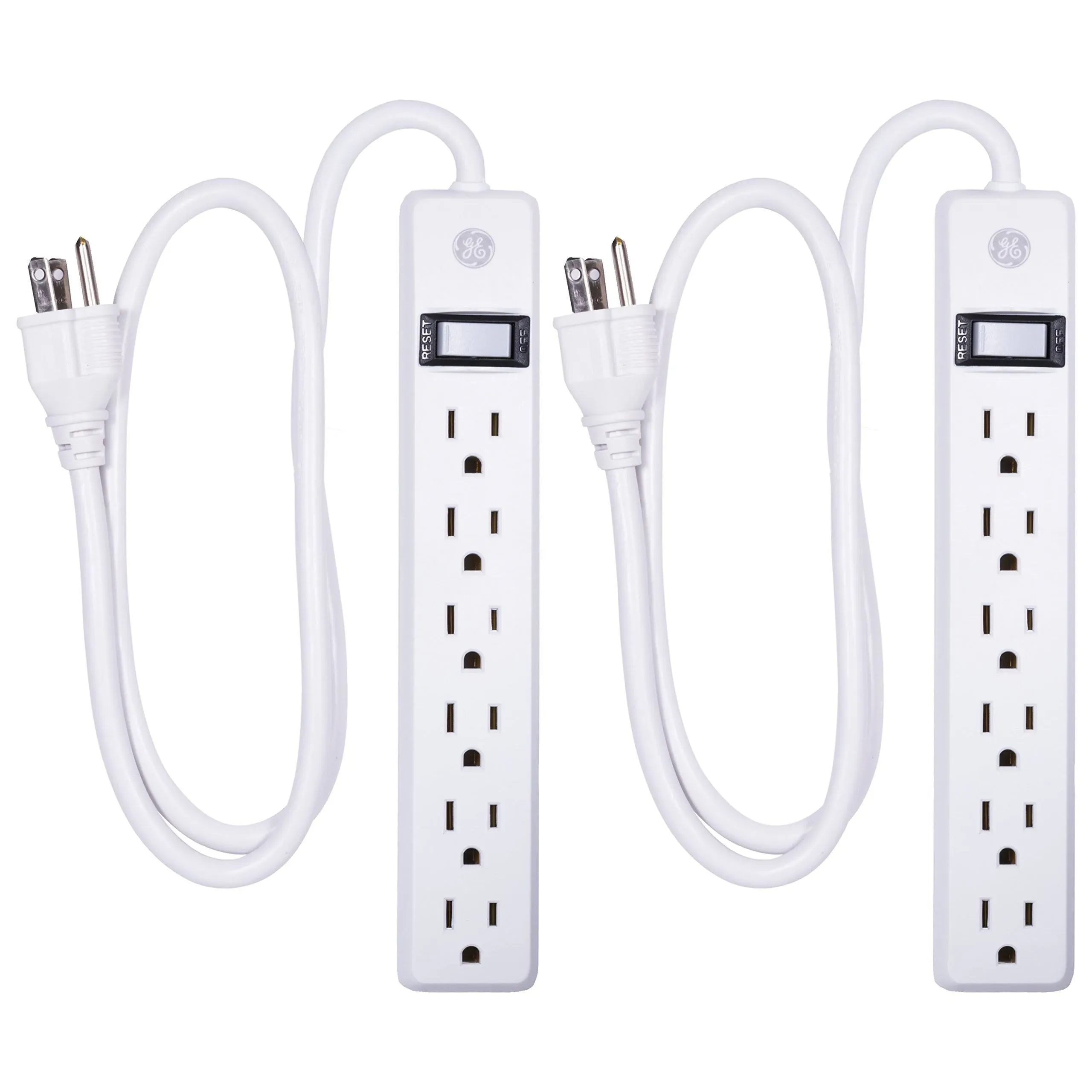 GE 6-Outlet Surge Protector 2 Pack, 3 Ft Extension Cord, Power Strip, 450 Joules, On/Off Switch, Integrated Circuit Breaker, Heavy Duty, Warranty, UL Listed, White, 14709