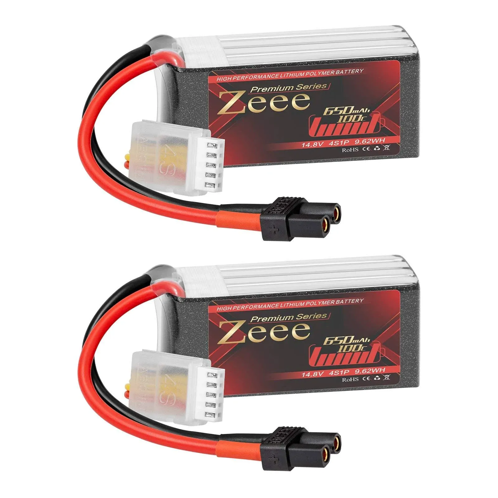 Zeee Premium Series 14.8V 4S Lipo Battery 100C 650mAh with XT30 Plug for FPV Racing Drone Quadcopter Helicopter Airplane RC Boat RC Car RC Models(2 Pack)