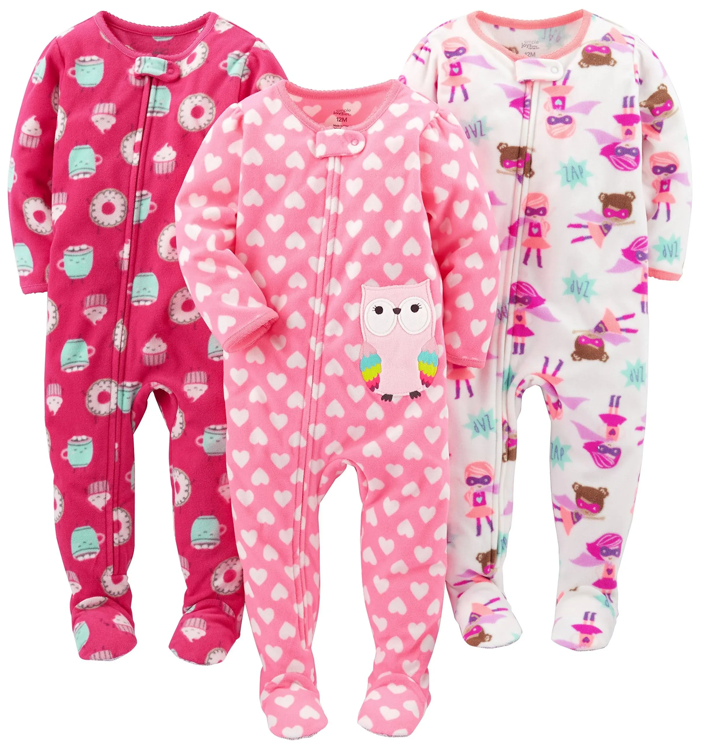 Simple Joys by Carter's Toddlers and Baby Girls' Loose-Fit Flame Resistant Fleece Footed Pajamas, Pack of 3