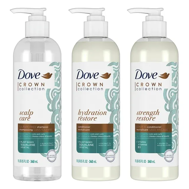 Dove Amplified Textures Shampoo, Conditioner, Leave-In Conditioner With Coconut Milk, Aloe, And Jojoba 3 Count For Coils, Curls And Waves And Moisture Amplifying Hair Care Blend 11.5 Oz