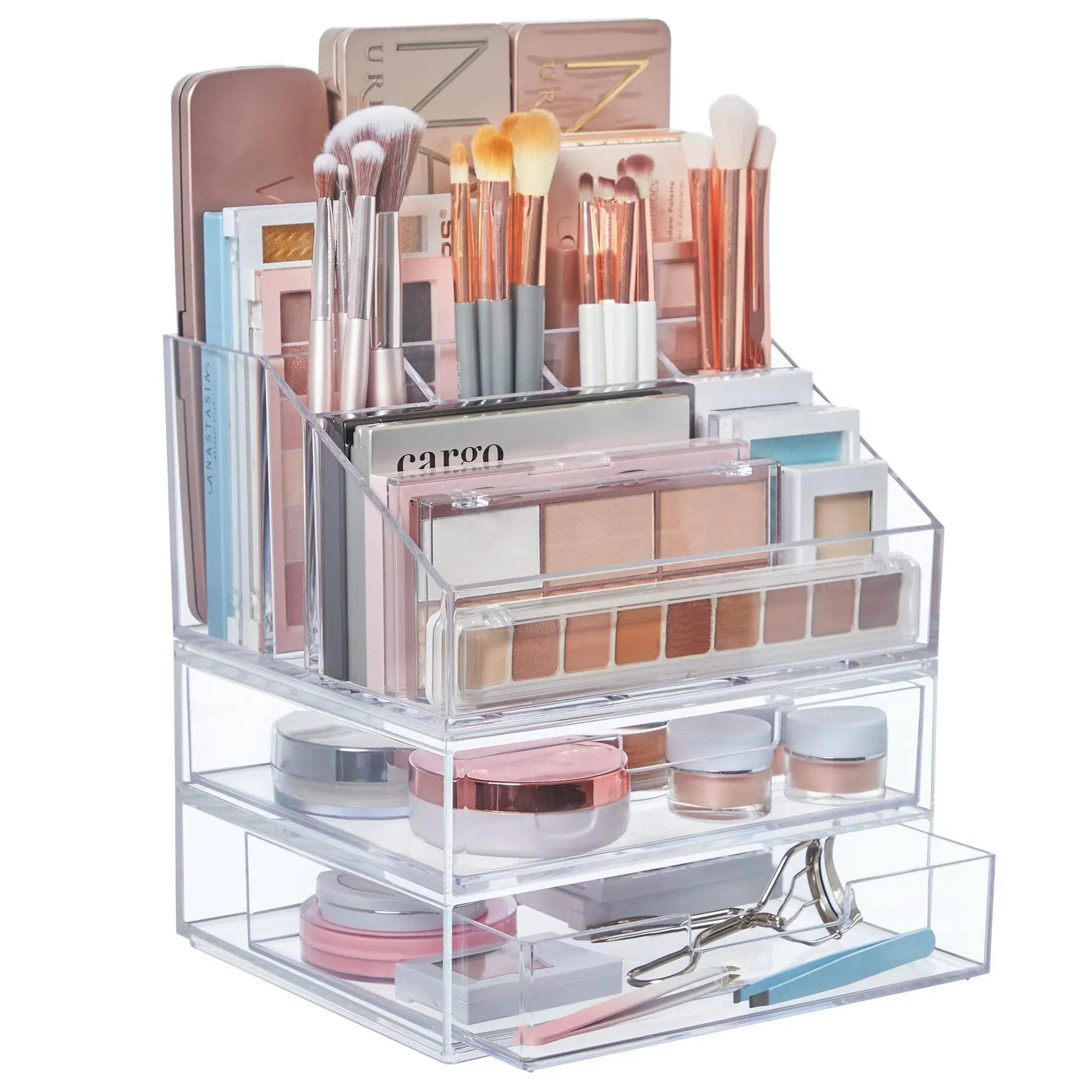 STORi Chloe Stackable Clear Makeup Holder and Double Organizer Drawer Set | O...