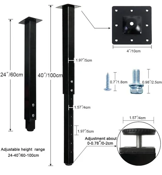 QLLY Adjustable Square Table Leg, 24-40 inch, 60-100cm, Home Office Custom DIY Table Legs, Furniture Leg Set (4, Black)