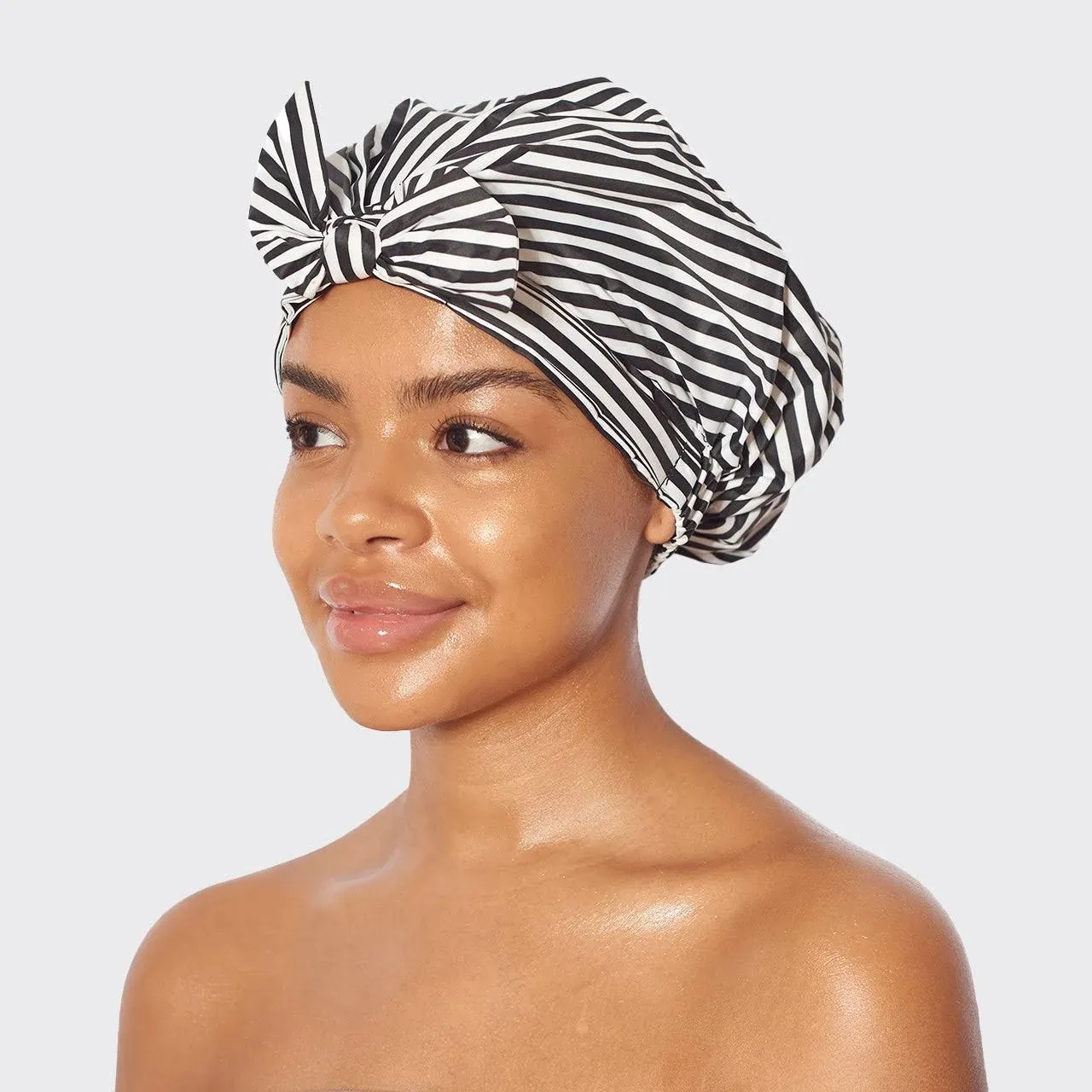 Kitsch Elevated Luxe Shower Cap Black &amp; White Stripes Eco-Friendly Waterproof