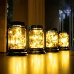 4 Pack Hanging Solar Lantern Lights,Vintage Glass Mason Jar Solar Fairy Lights Outdoor Decorative Waterproof Table Lamp with Stakes for Patio Yard