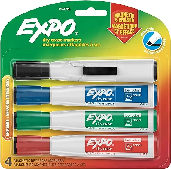 Expo 1944728 Magnetic Dry Erase Marker, Chisel Tip, Assorted, 4/Pack