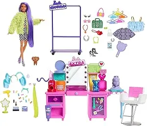 Barbie Extra Fashion Doll and Vanity Playset with 45+ Accessories, Vanity and Puppy