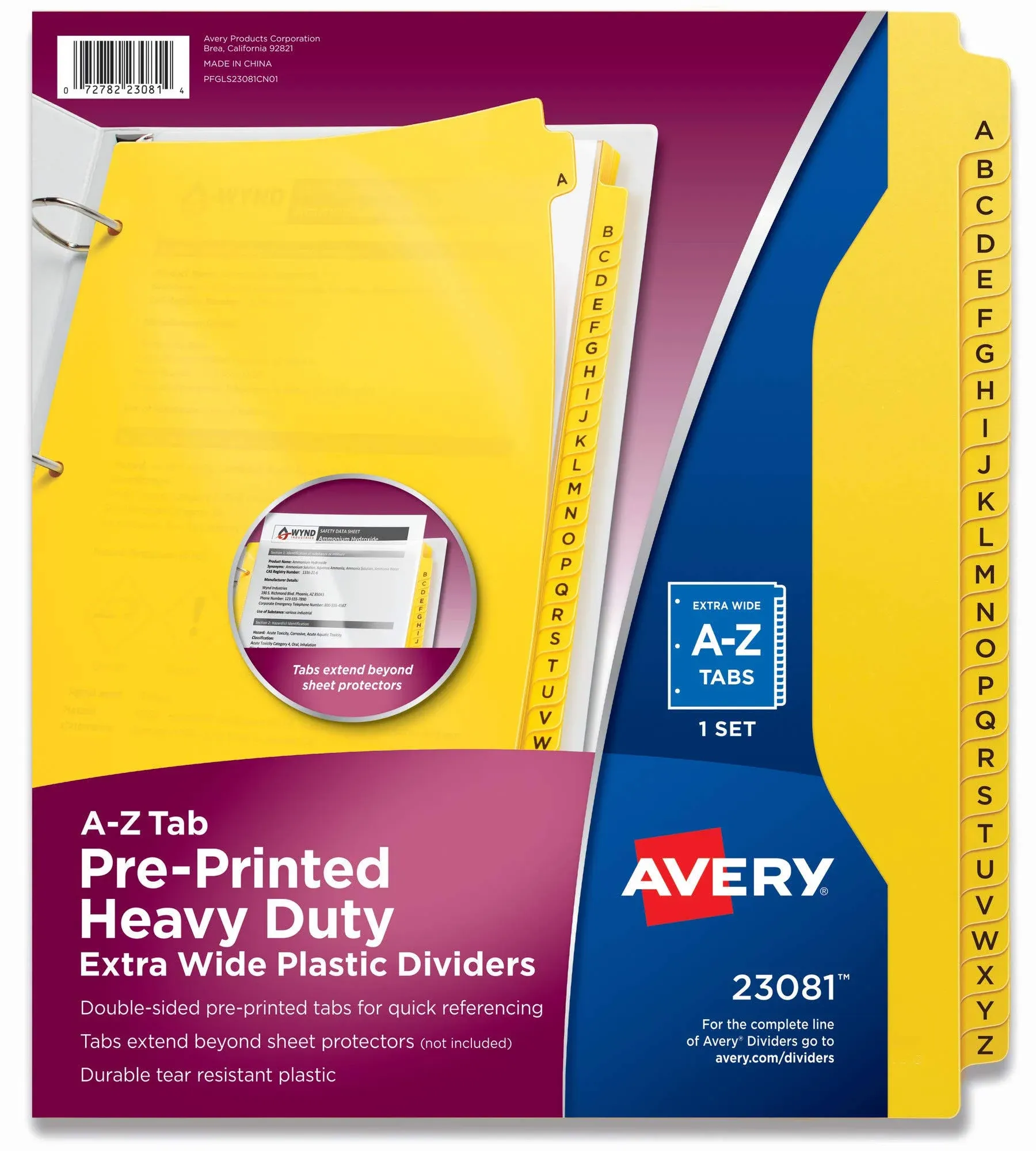 Avery Dennison 23081 9 x 11 in. Preprinted Plastic Tab Dividers - 26 Side Tab Yellow