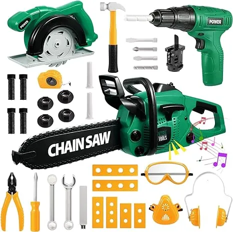 Vextronic Kids Tool Set 36 Pcs with Electric Toy Chainsaw Drill Circular Saw with Realistic Sounds Toy Tool Set for Toddlers 3