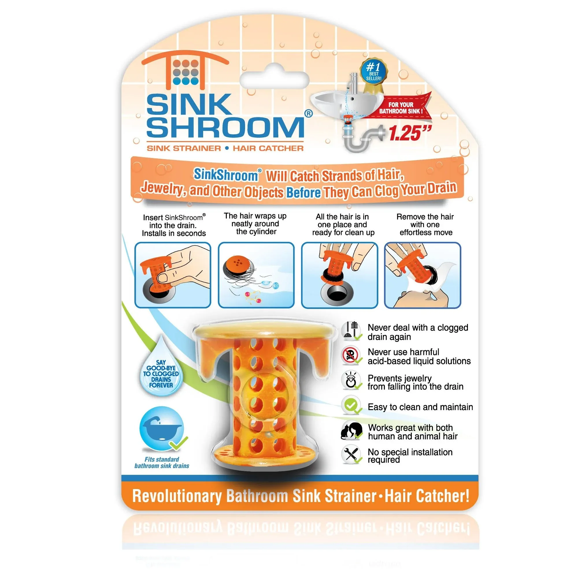 SinkShroom The Revolutionary Sink Drain Protector Hair Catcher/Strainer/Snare, Orange