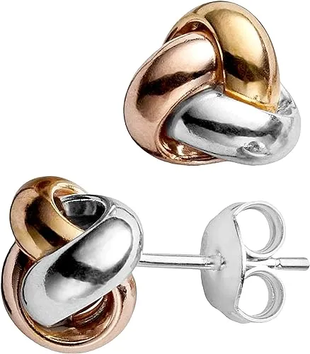 14k Tricolor Yellow White And Rose Gold Shiny Love Knot Stud Earrings, 9mm