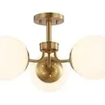 Jonathan Y JYL7600A Olivier 23.5 in. 3-Light Brass Gold Bohemian Farmhouse Iron/Frosted Glass LED Semi Flush Mount, White