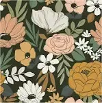 93217 Vintage Large Floral Peel and Stick Wallpaper Removable Daisy Leaf Black/S