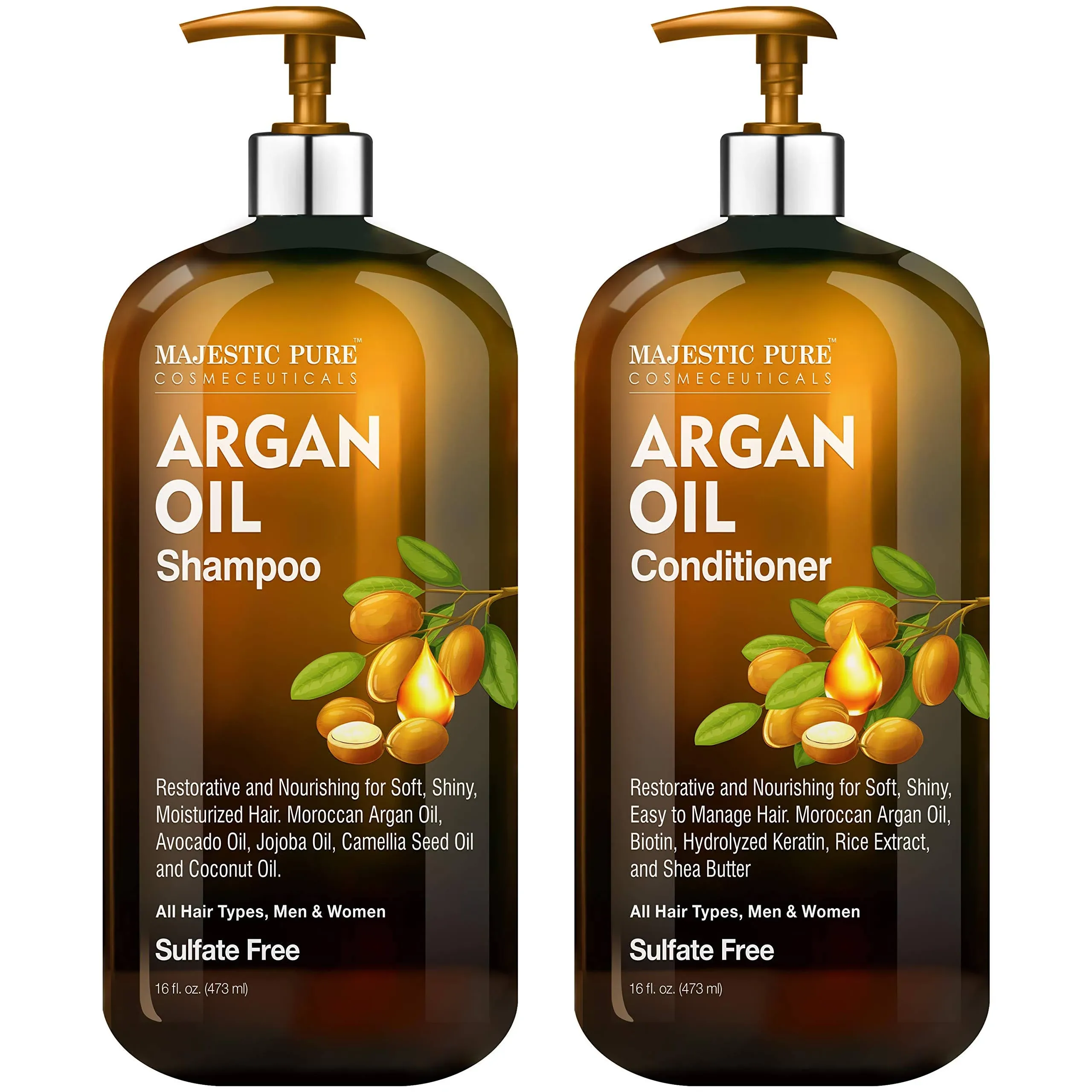 Argan Oil Shampoo and Conditioner Set - Majestic Pure - 16 fl oz each dispenser