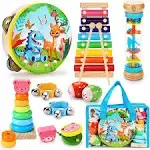 Oathx Kids Wooden Drum Set - 11 in 1 Musical Toys for Ages