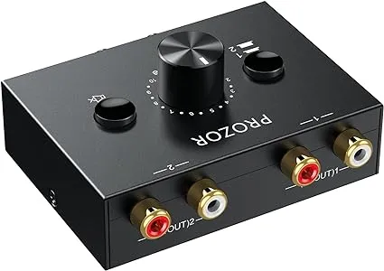 PROZOR RCA Audio Switcher 2(1)-In-1(2)-Out Bidirectional RCA Speaker Switch Box RCA Switcher with Volume Control Mute Button and No External Power Required