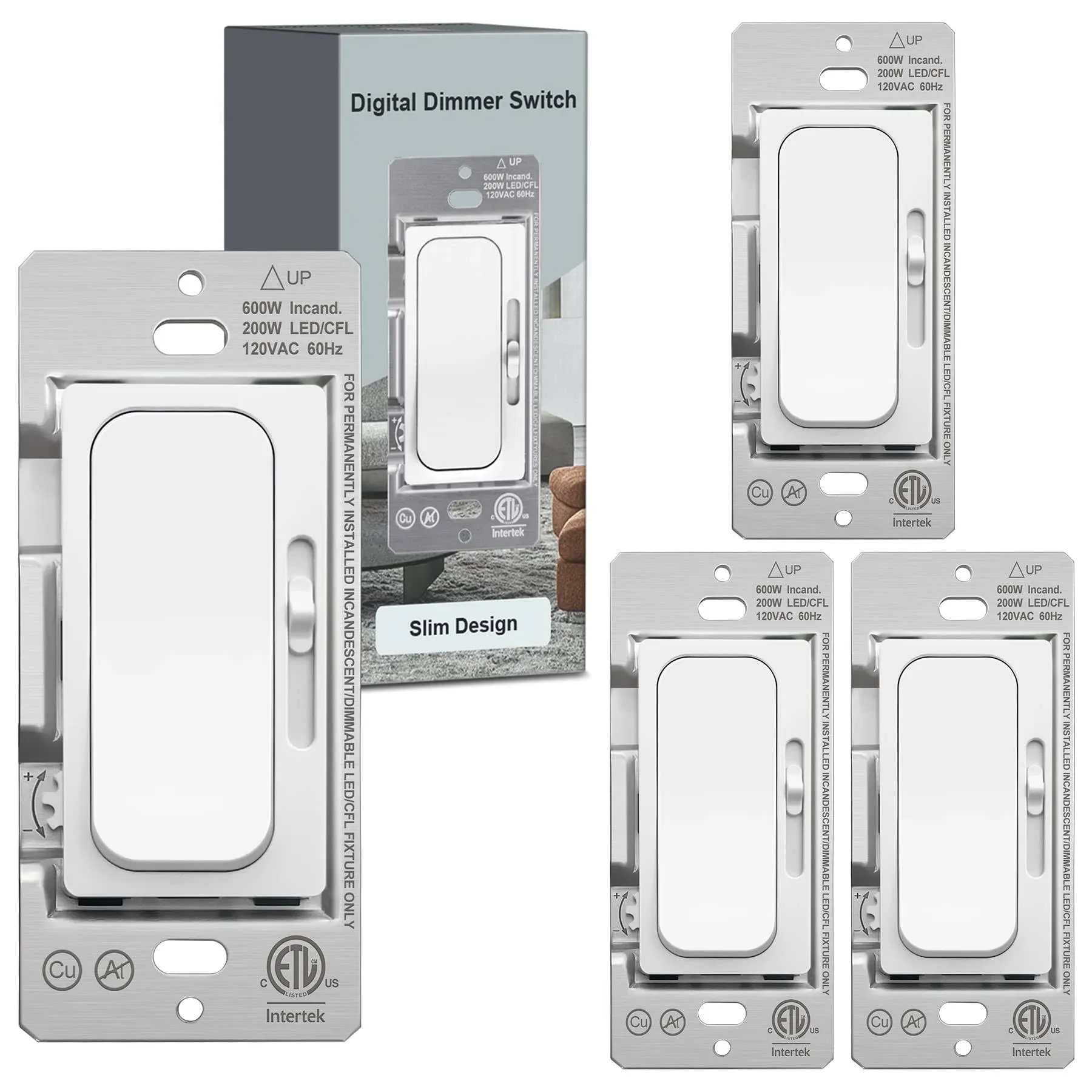 (4 Pack)  Digital Slim Slide Dimmer Light Switch Single-Pole/3 Way for 200W Dimm