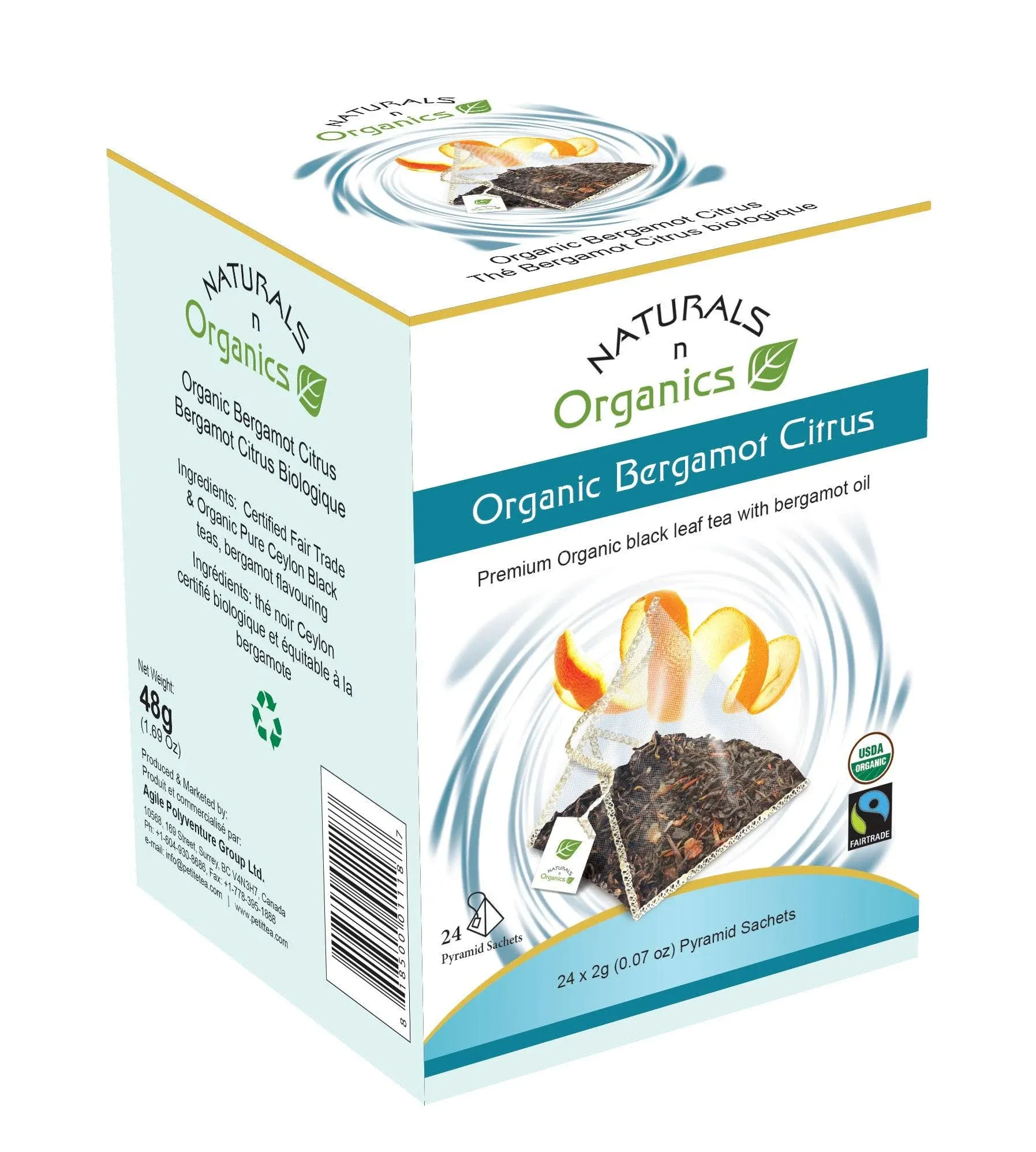 Naturals-n-Organics Organic Bergamot Citrus Earl Grey Tea with Natural Italian Bergamot Oil for Autophagy and Detox, 24 Bio-degradable Pyramid Tea Bags