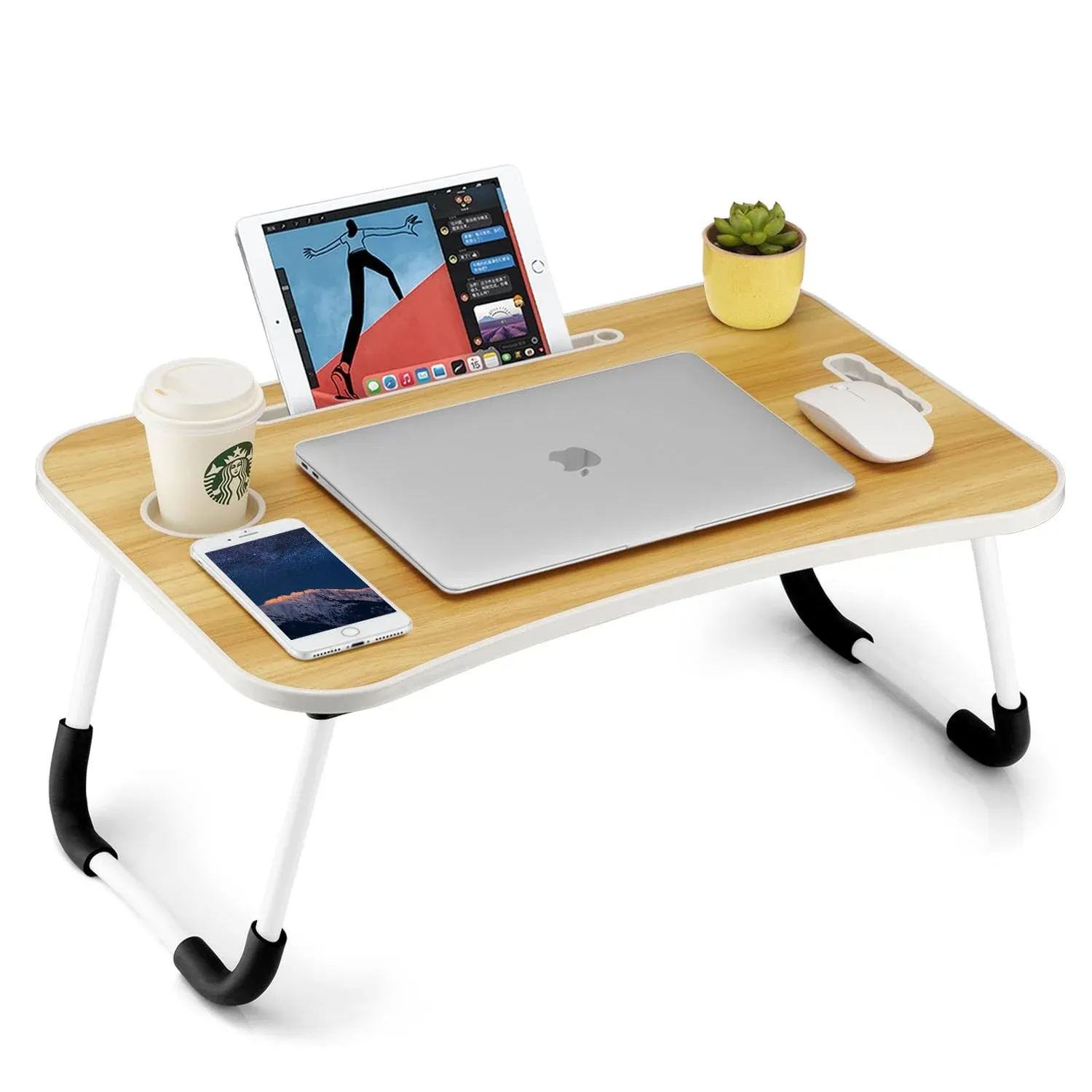 FISYOD Foldable Laptop Table, Portable Lap Desk Bed Table Tray, Laptop Stand with Cup Holder & Tablet Slot & Lifting Handle for Working Writing