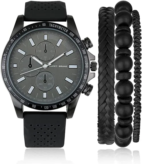 Lucky Brand Watch for Men Perforated Silicon Band Stainless Steel Japan Movement Sport Men's Wrist Watches Decorative Sub Dials Bracelet Gift Box Set (Black)