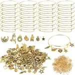 UPINS 30pcs Gold Expandable Blank Bracelets Adjustable Wire Bangles with 100pcs Tibetan Silver Charms, 200pcs Open Jump Rings for Jewelry Making