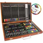 U.S. Art Supply 82-Piece Deluxe Artist Studio Creativity Set Wood Box Case - Art Painting, Sketching Drawing Set, 24 Watercolor Paint Colors, 24 Oil Pastels, 24 Colored Pencils, 2 Brushes, Starter Kit