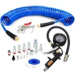 18 Pieces Air Compressor Accessories kit, 1/4 inch x 25 ft Recoil Poly Air Compressor Hose Kit, 1/4" NPT Quick Connect Air Fittings, 100 PSI Tire Inflator Gauge, Heavy Duty Blow Gun