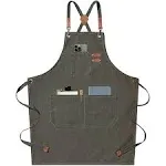 AFUN Chef Aprons for Men Women with Large Pockets, Cotton Canvas Cross Back Heavy Duty Adjustable Work Apron, Size M to XXL (greygreen)