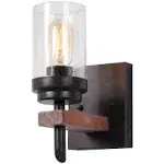 Rustic Wood Wall Sconce with Seeded Glass Shade, Vintage Industrial Hardwire Bathroom Light Log Cabin Home Retro Edison Wall Light Fixtures 1-Light, Black (17804)