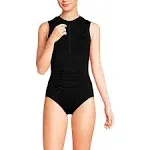 Lands' End Women's Long Chlorine Resistant High Neck Zip Front One Piece Swimsuit - 12 - Black