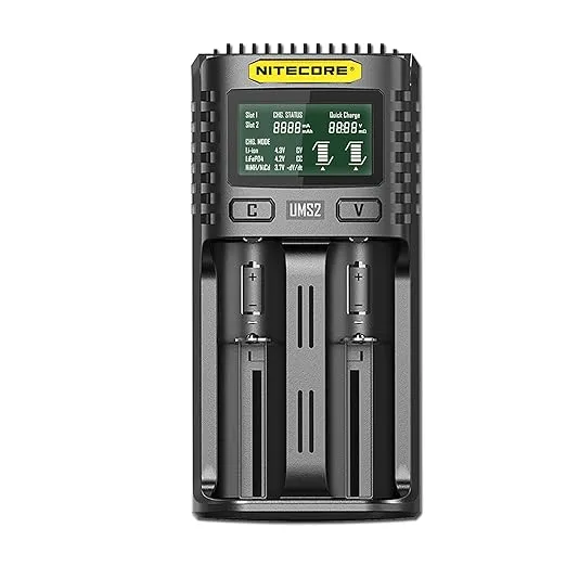 Nitecore UMS2 Intelligent USB Dual-Slot Quick Battery Charger for Li-Ion/Ni-MH/Ni-Cd/IMR 16340 14500 18650 21700 20700 AA AAA and More Batteries, with LumenTac Battery Organizer