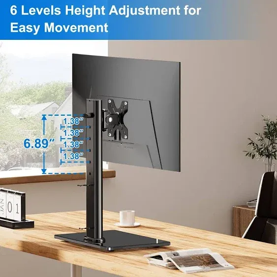 Single Monitor Stand Fits Max 32 inch Computer Screen, Free-Standing Monitor Desk Stand Hold up to 17.6lbs, Monitor Mount with Height Adjustment, Swivel, Tilt, Rotation, VESA Mount 75/100mm